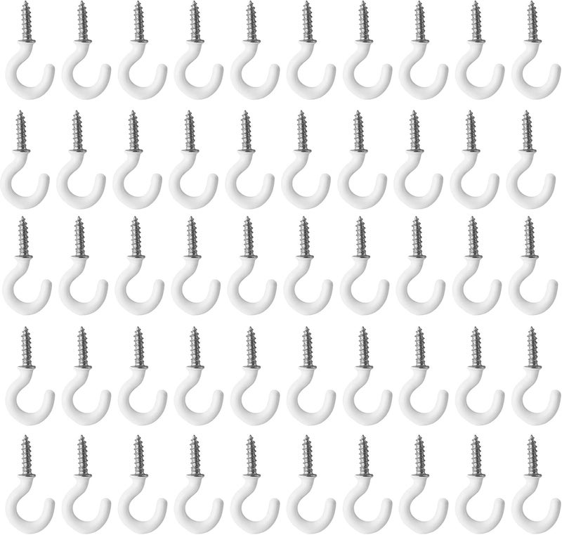 Jamiikury 50Pcs White Cup Hooks, 5/8 Inch Ceiling Hooks Metal Screw-in Hooks Vinyl Coated Screw Hooks Mini Hooks for Decorative Craft Hanging Things - Image 1